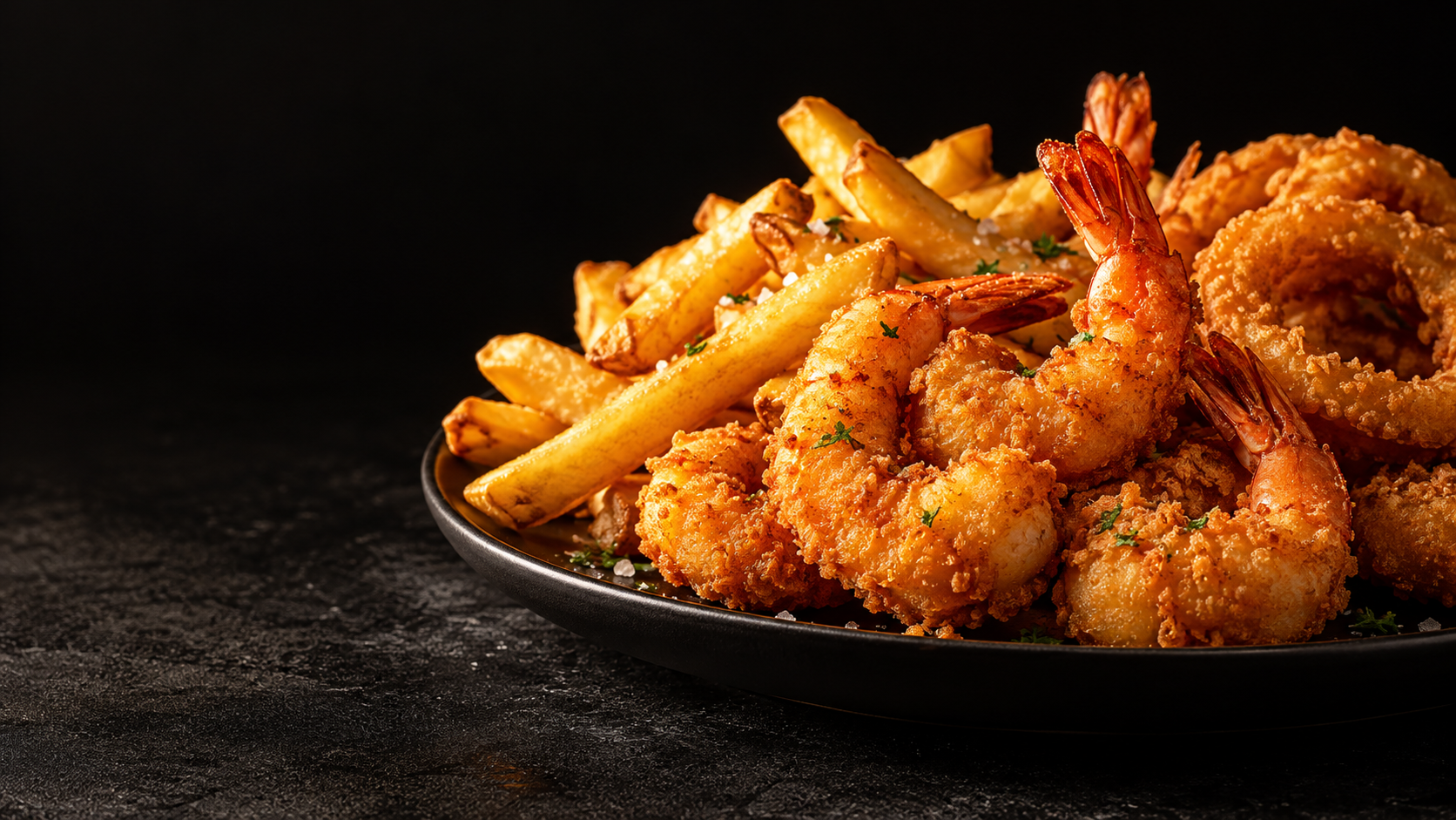Illustrative serving of golden fries, fried shrimp, and onion rings on a dark plate