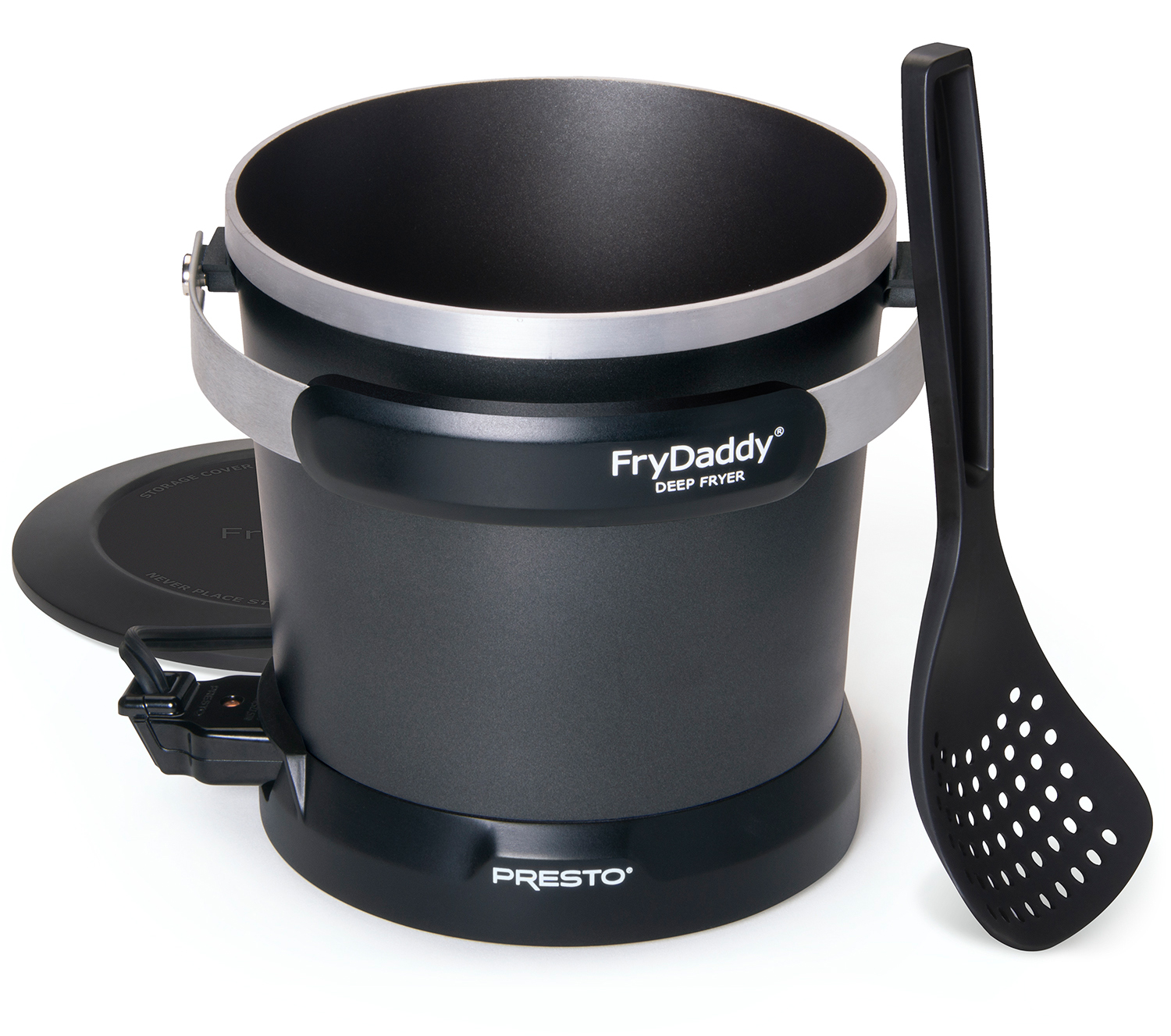 Manufacturer photo of FryDaddy with its scoop and storage lid